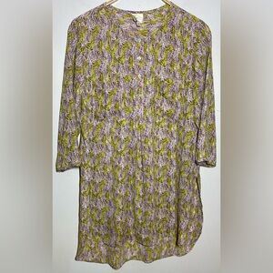 Fig & Flower XL Kendra Tunic Top Green Purple Leaf Print Boho Roll Button Up
